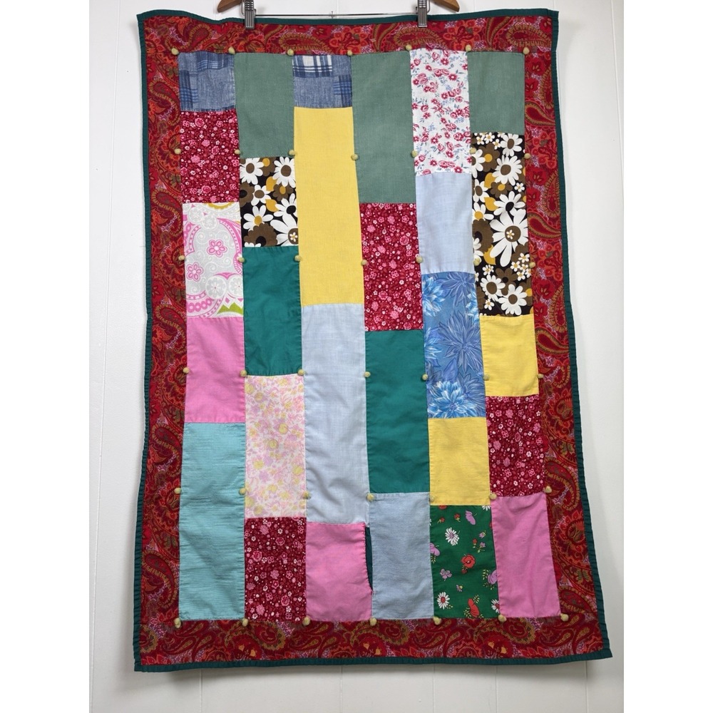 Vintage 70s Handmade Patchwork Doll Toddler Quilt Multicolor‎ 44x30 Hippie